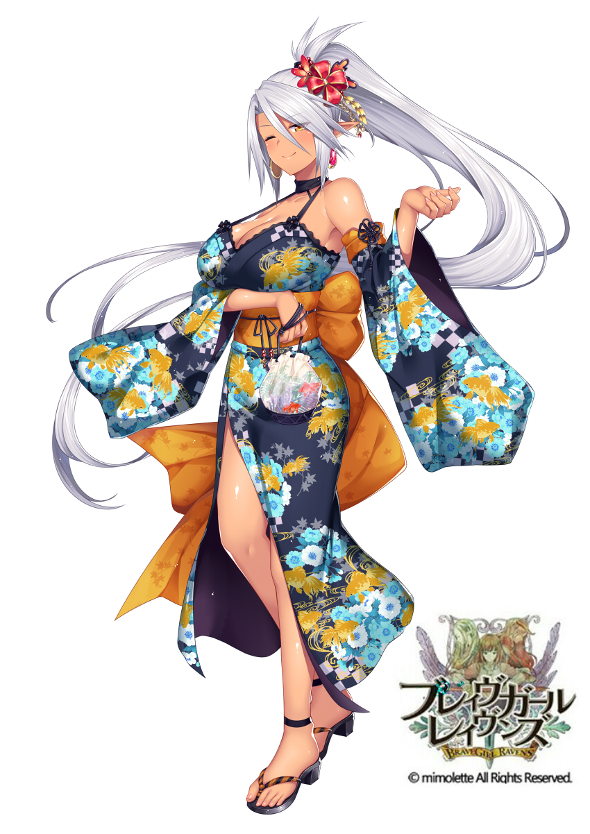 ;) bag bagged_fish bow brave_girl_ravens breasts brown_eyes character_request company_name copyright_name earrings elf fish floral_print full_body goldfish hair_bow highres horosuke_(toot08) japanese_clothes jewelry kimono large_breasts long_hair looking_at_viewer obi official_art one_eye_closed pointy_ears ponytail red_bow sandals sash silver_hair smile standing very_long_hair watermark wide_sleeves yukata