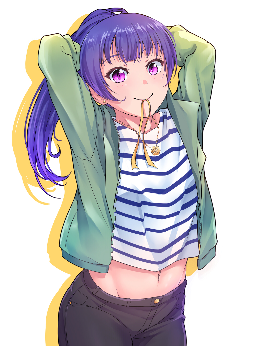 1girl arms_up blue_hair bunching_hair cowboy_shot denim earrings groin highres horizontal_stripes jacket jeans jewelry kanabun looking_at_viewer love_live! love_live!_sunshine!! midriff mouth_hold necklace open_clothes open_jacket pants pink_eyes ribbon shirt silhouette solo striped striped_shirt tsushima_yoshiko