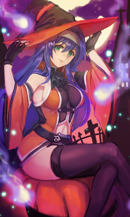 1girl ahoge bare_shoulders blue_hair breasts detached_sleeves fingerless_gloves fire_emblem fire_emblem:_souen_no_kiseki fire_emblem_heroes gloves green_eyes hairband halloween hat headband kokouno_oyazi long_hair looking_at_viewer nintendo purple_hair simple_background smile solo thigh-highs wayu_(fire_emblem) white_hairband witch witch_hat