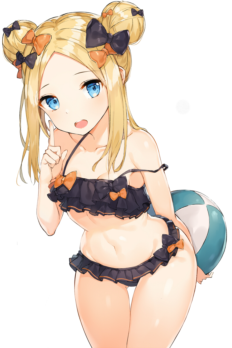 1girl abigail_williams_(fate/grand_order) ball bare_arms bare_shoulders beachball bikini black_bikini black_bow blonde_hair blue_eyes blush bow breasts collarbone commentary_request double_bun emerald_float eyebrows_visible_through_hair fate/grand_order fate_(series) forehead groin hair_bow highres index_finger_raised leaning_forward long_hair looking_at_viewer navel open_mouth orange_bow rikoma round_teeth side_bun sidelocks simple_background small_breasts solo swimsuit teeth thigh_gap upper_teeth white_background