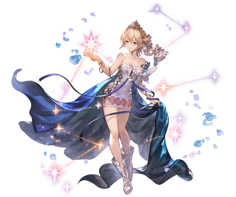 1girl blonde_hair blue_eyes boots breasts bug butterfly cape cleavage dress europa_(granblue_fantasy) flower granblue_fantasy hair_flower hair_ornament insect minaba_hideo official_art short_dress short_hair smile sparkle strapless strapless_dress tiara veil