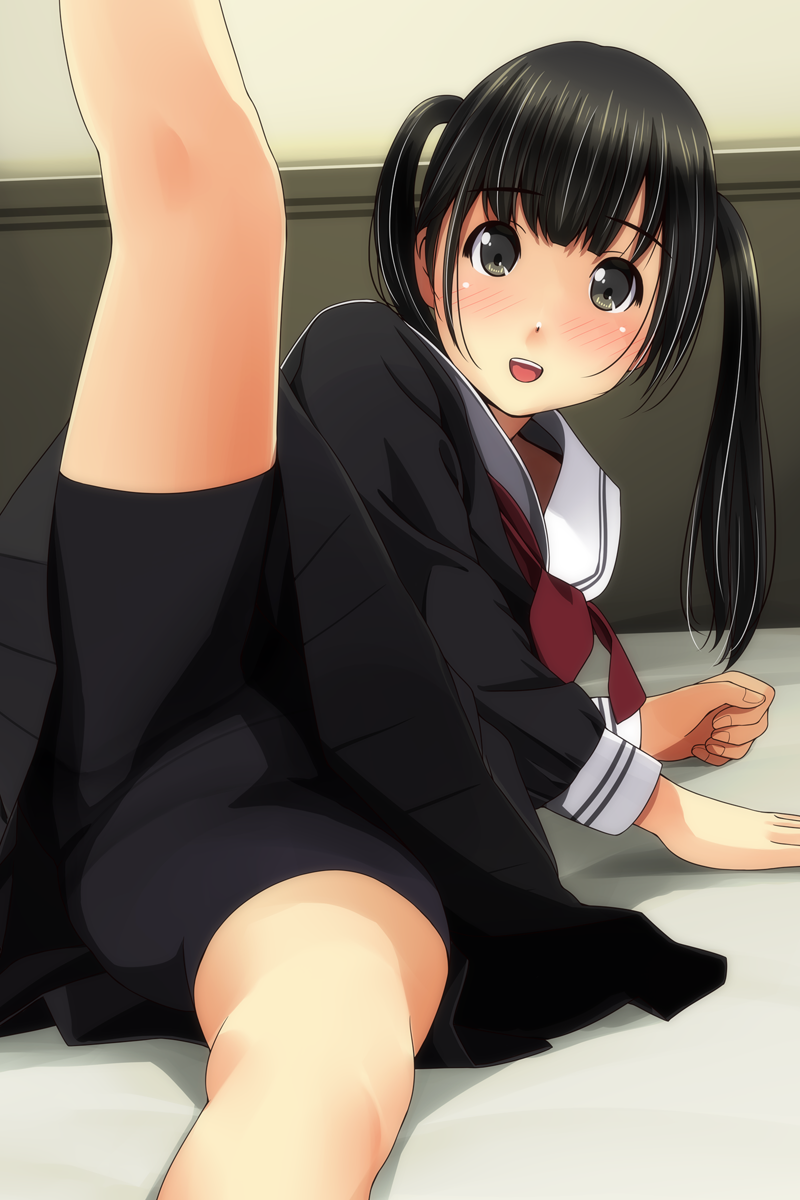 1girl :d bangs bed_sheet bike_shorts black_eyes black_hair black_serafuku black_shirt black_shorts black_skirt blush commentary_request eyebrows_visible_through_hair fingernails highres leg_up long_hair long_sleeves looking_at_viewer lying matsunaga_kouyou neckerchief on_side open_mouth original pleated_skirt red_neckwear sailor_collar school_uniform serafuku shirt short_shorts shorts skirt smile solo twintails upper_teeth very_long_hair white_sailor_collar