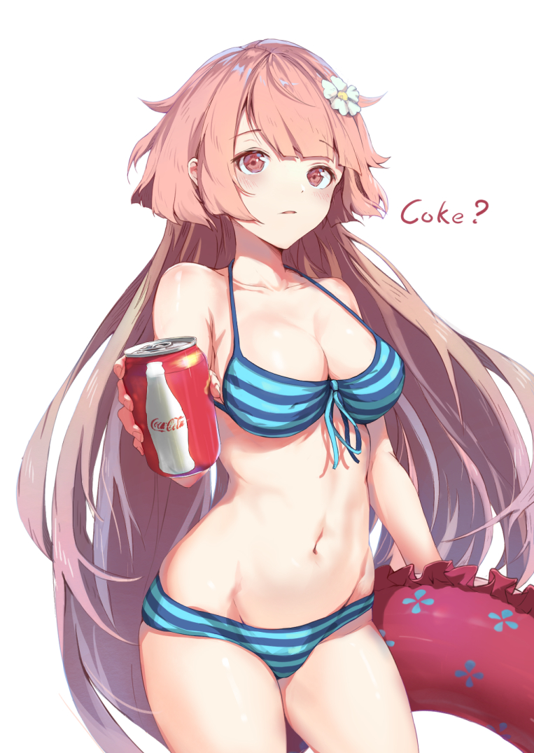 1girl bare_arms bare_shoulders bikini blue_bikini blush breasts brown_hair can cleavage coca-cola coke commentary_request cowboy_shot flower front-tie_bikini front-tie_top girls_frontline hair_flower hair_ornament holding holding_can innertube long_hair looking_at_viewer medium_breasts navel ntw-20_(girls_frontline) parted_lips red_eyes red_innertube simple_background soda solo standing striped striped_bikini swimsuit toki_(yoyobozi) very_long_hair white_background white_flower