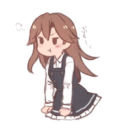 1girl arashio_(kantai_collection) blush brown_hair commentary_request cropped_legs dress furrowed_eyebrows kantai_collection long_hair long_sleeves lowres pinafore_dress pout remodel_(kantai_collection) simple_background solid_oval_eyes solo terrajin white_background