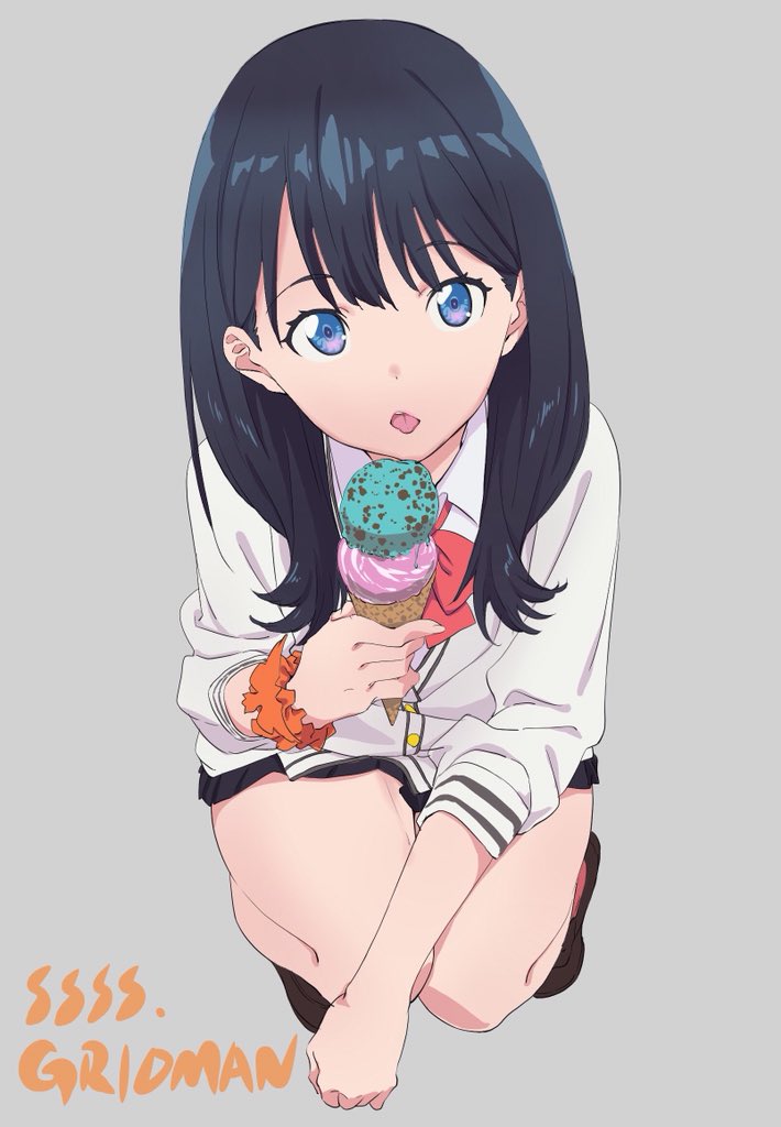 1girl bangs black_hair blue_eyes cardigan commentary_request copyright_name double_scoop food grey_background holding holding_food ice_cream ice_cream_cone kengo long_hair long_sleeves looking_at_viewer open_mouth pleated_skirt school_uniform scrunchie shoes skirt solo squatting ssss.gridman takarada_rikka tongue tongue_out wrist_scrunchie