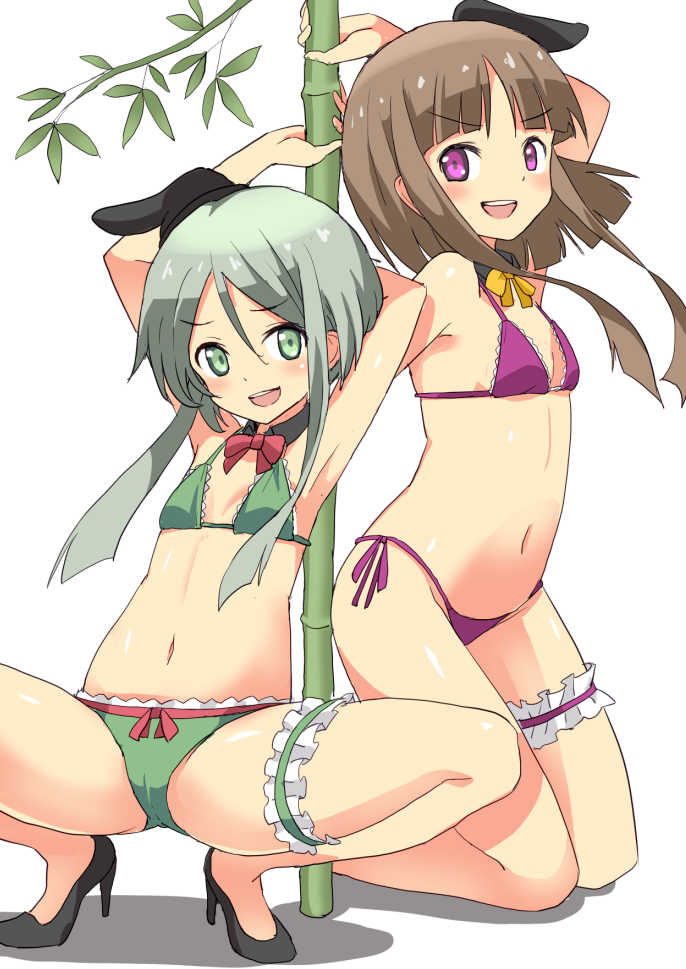 2girls :d bamboo bikini black_footwear brown_hair detached_collar eyebrows_visible_through_hair green_bikini green_eyes green_hair hat high_heels kneeling looking_at_viewer multiple_girls navel nishida_satono open_mouth pole_dancing purple_bikini shoes short_hair_with_long_locks simple_background smile spread_legs squatting swimsuit taishi_(moriverine) tate_eboshi teireida_mai touhou violet_eyes white_background