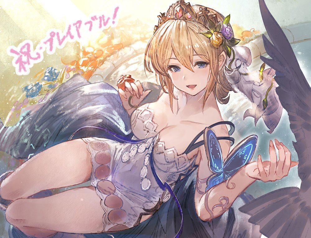1girl :d blonde_hair blue_eyes breasts bug butterfly cape cleavage dress europa_(granblue_fantasy) flower granblue_fantasy hair_flower hair_ornament insect official_art open_mouth short_dress short_hair smile strapless strapless_dress tiara veil water wings