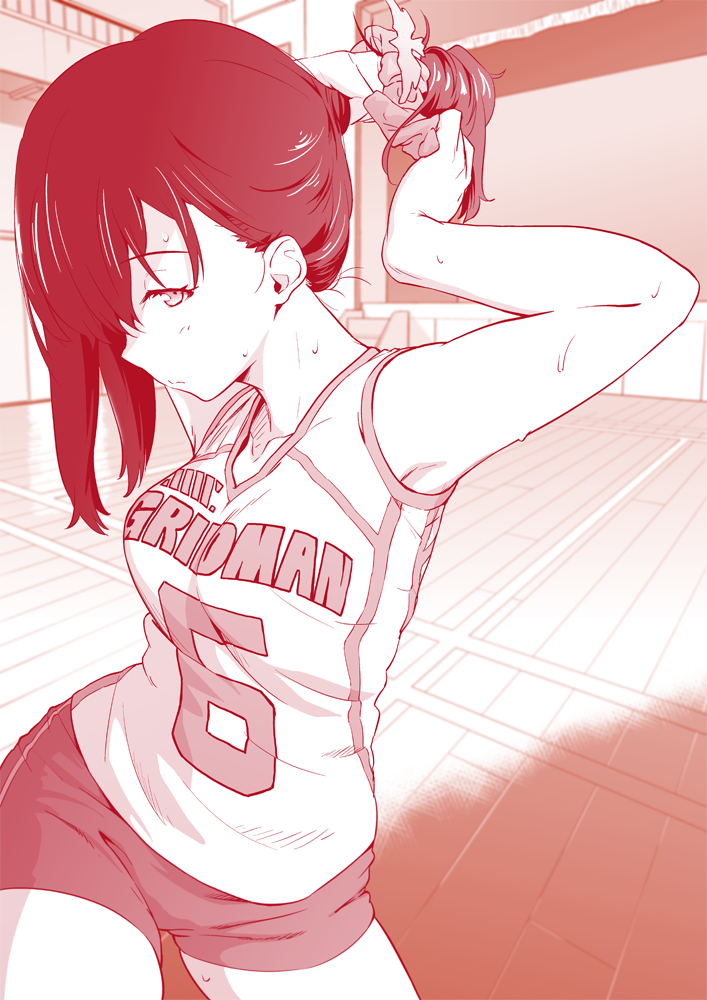 1girl armpits arms_behind_head bare_shoulders clothes_writing contrapposto gym_shorts indoors kujou_hyotarouo long_hair looking_at_viewer monochrome ponytail scrunchie shirt shorts sleeveless sleeveless_shirt solo sportswear ssss.gridman sweat takarada_rikka tying_hair volleyball_uniform wooden_floor