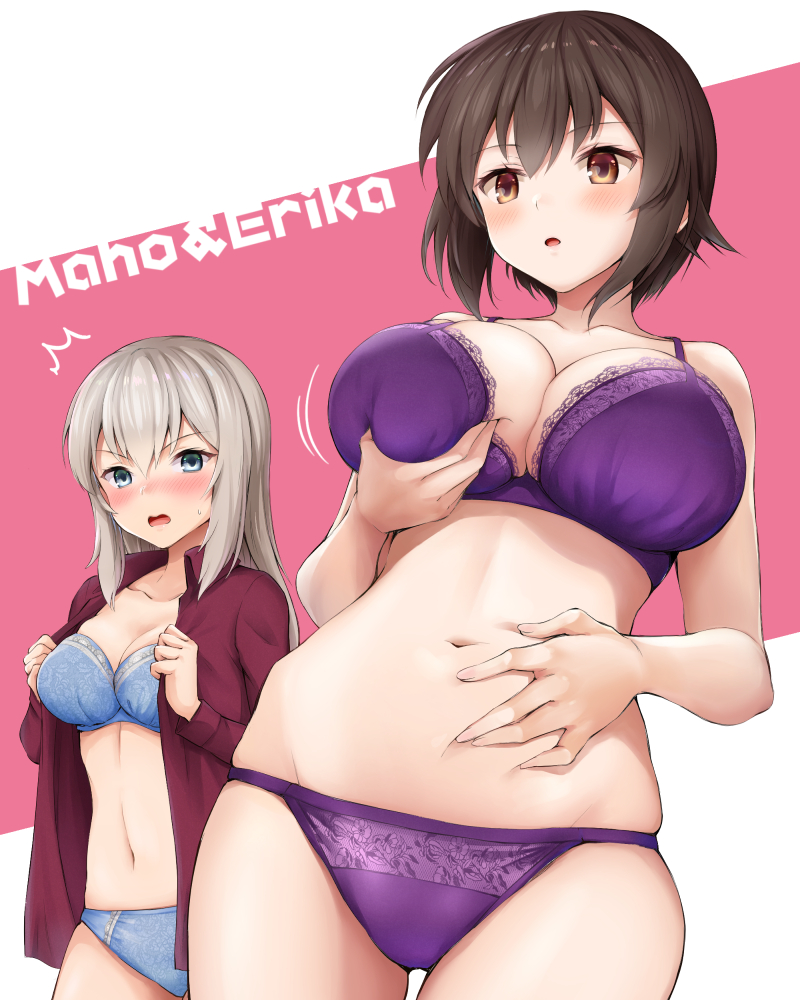 /\/\/\ 2girls :o bangs bare_shoulders belly_grab blue_bra blue_eyes blue_panties blush bra breast_grab breasts brown_eyes brown_hair chacharan character_name cleavage collarbone collared_shirt cowboy_shot eyebrows_visible_through_hair girls_und_panzer grabbing grey_hair groin itsumi_erika lace lace-trimmed_bra large_breasts light_brown_hair long_hair long_sleeves multiple_girls navel nishizumi_maho open_clothes open_mouth open_shirt panties parted_lips pink_background purple_bra purple_panties self_fondle shiny shiny_hair shirt short_hair sidelocks skindentation surprised sweatdrop underwear underwear_only undressing white_background