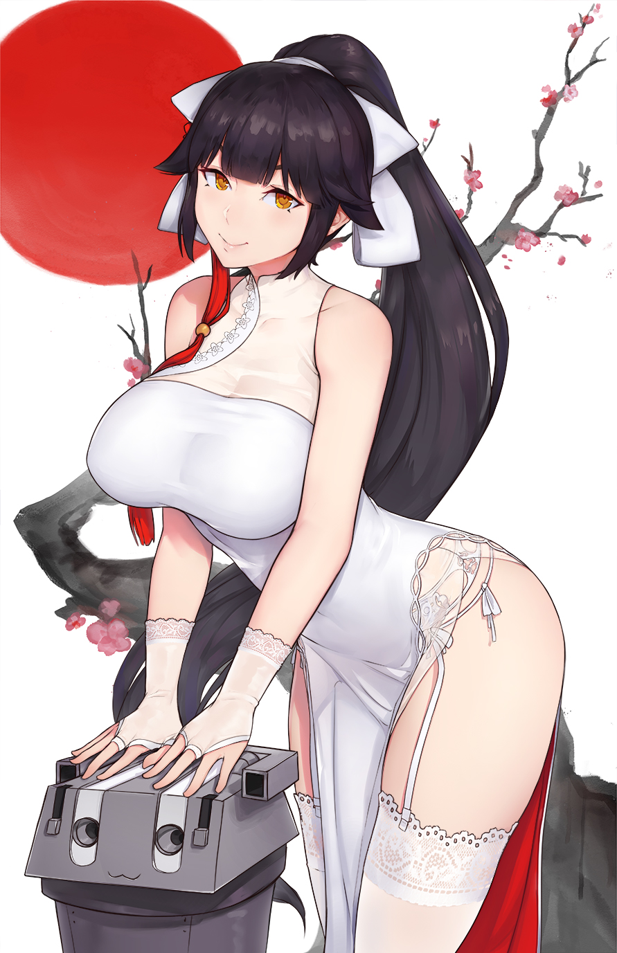1girl azur_lane bare_shoulders black_hair breasts brown_eyes china_dress chinese_clothes dress garter_belt hair_ribbon highres large_breasts leaning_forward long_hair looking_at_viewer ribbon rising_sun simple_background smile solo sunburst takao_(azur_lane) thigh-highs thighs tree unsomnus very_long_hair white_background white_dress white_ribbon