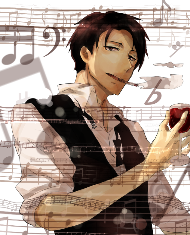 1boy alcohol bass_clef beamed_eighth_notes beamed_sixteenth_notes black_neckwear bowtie_removed brown_hair cup drinking_glass katsuragi_jun'ichi mikann0206 musical_note quarter_note sakamichi_no_apollon sixteenth_rest smoking solo standing treble_clef upper_body vest wine wine_glass