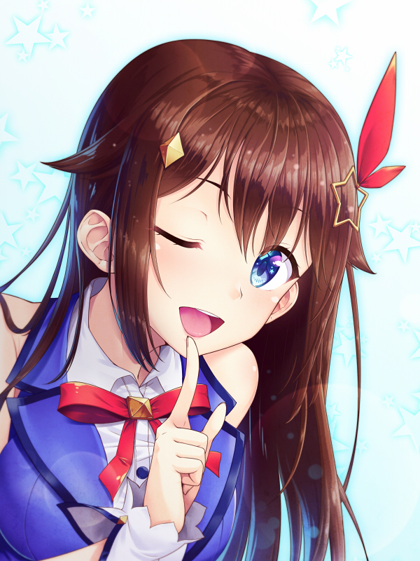 1girl ;d aqua_background bangs blue_eyes blue_vest bow bowtie breasts brown_hair buttons collared_shirt finger_to_mouth hair_bow hair_flaps hair_ornament head_tilt index_finger_raised long_hair looking_at_viewer medium_breasts mikannsisyou one_eye_closed open_mouth red_neckwear shirt shushing sidelocks silhouette simple_background sleeveless sleeveless_shirt smile solo star star_hair_ornament starry_background teeth tokino_sora tokino_sora_channel two-tone_background upper_body upper_teeth vest virtual_youtuber white_background white_shirt wing_collar wrist_cuffs