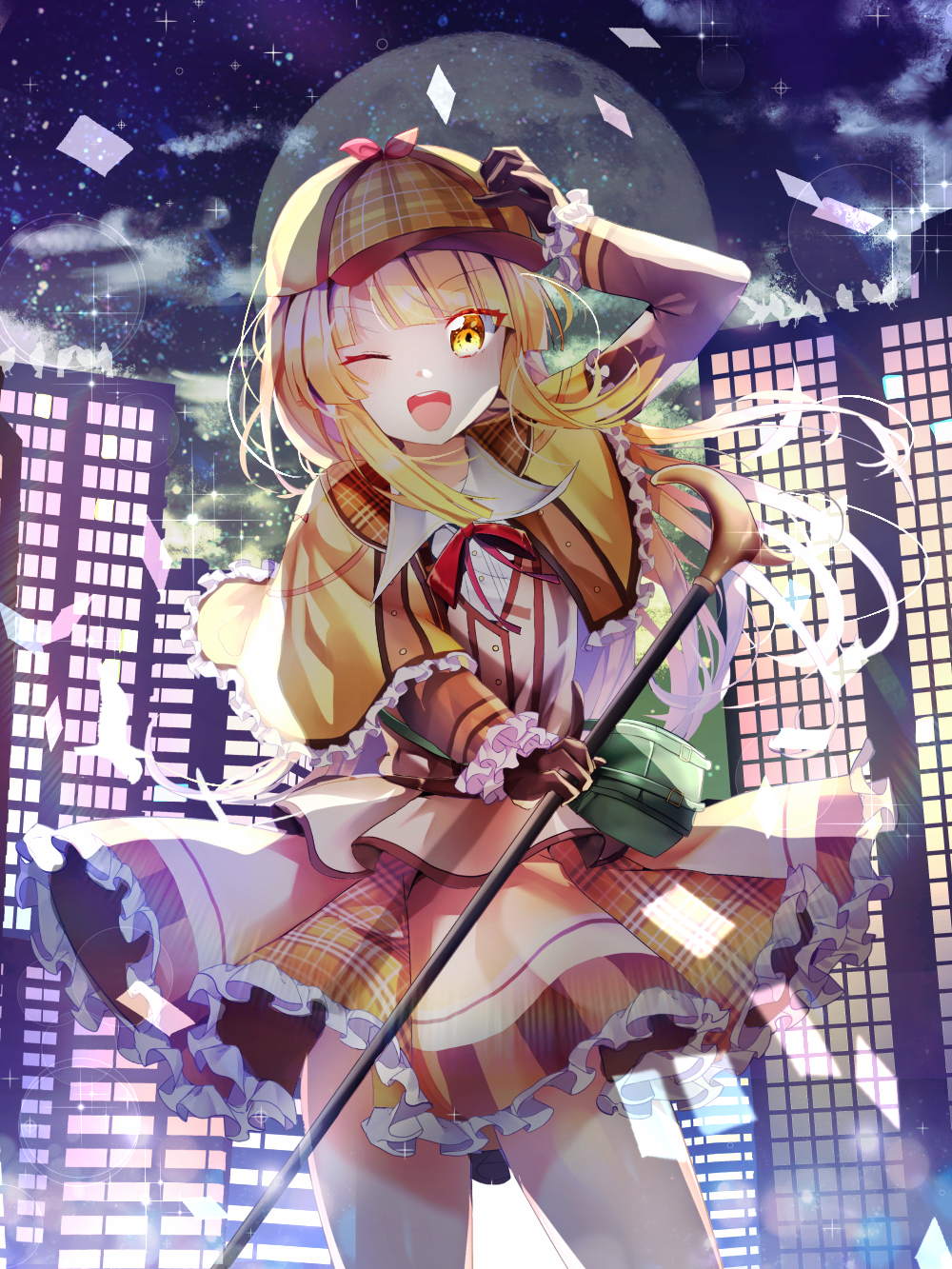 1girl ;d arm_up backlighting bang_dream! bangs blonde_hair blush bow brown_eyes brown_gloves brown_jacket brown_skirt building cane capelet collared_shirt commentary_request cowboy_shot deerstalker dress_shirt eyebrows_visible_through_hair frilled_capelet frilled_gloves frilled_skirt frills full_moon gloves hat head_tilt highres holding holding_cane jacket long_hair long_sleeves miyo_(user_zdsp7735) moon night night_sky one_eye_closed open_mouth outdoors plaid plaid_skirt red_bow round_teeth shirt skirt sky skyscraper sleeves_past_wrists smile solo sparkle standing star_(sky) starry_sky teeth tsurumaki_kokoro upper_teeth very_long_hair white_shirt yellow_capelet yellow_hat