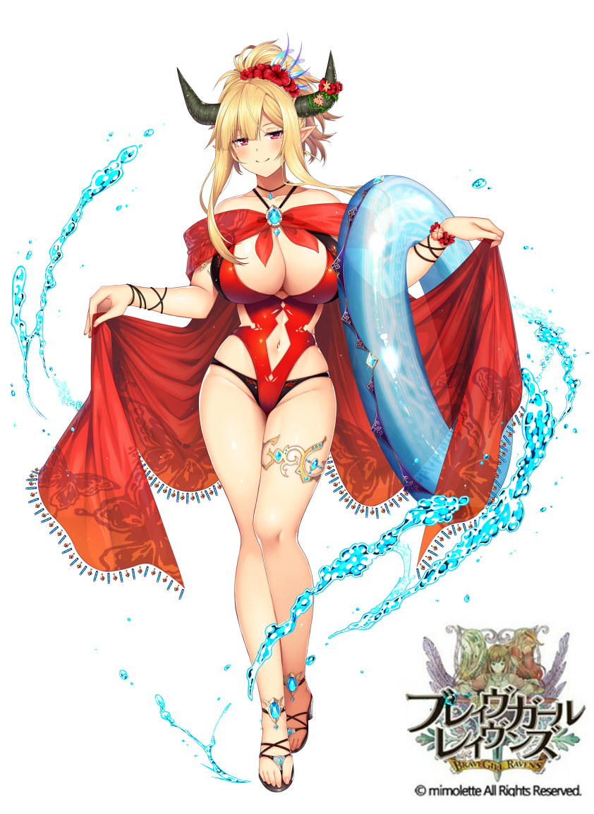 1girl bangs blonde_hair blush brave_girl_ravens breasts cleavage company_name full_body gem hair_up horns horosuke_(toot08) innertube jewelry large_breasts looking_at_viewer navel necklace official_art parted_bangs pointy_ears red_eyes red_swimsuit sandals solo swimsuit thighs water watermark