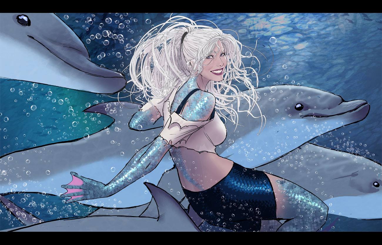 1girl back blue_eyes bubble dc_comics dolphin dolphin_(dc_comics) long_hair ponytail scales solo stjepan_sejic teeth torn_clothes underwater