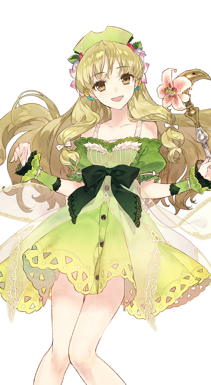 1girl :d atelier_(series) atelier_ayesha ayesha_altugle bare_legs blonde_hair bow brown_eyes cropped_legs dress flower green_bow green_dress green_hat hair_flower hair_ornament hat highres holding holding_wand knees_together long_hair looking_at_viewer nelke_to_densetsu_no_renkinjutsushi_tachi noco_(adamas) official_art open_mouth smile solo wand wrist_cuffs