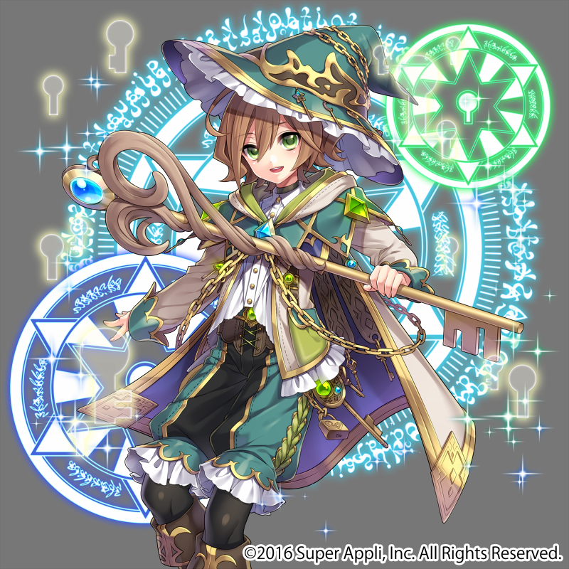 :d androgynous aqua_hat black_legwear boots brown_footwear brown_hair cape chains company_name green_eyes grey_background hat hat_chain holding holding_staff key keyhole knee_boots lock magic_circle official_art open_mouth rival_arena_vs short_hair smile solo staff standing takamiya_ren witch_hat