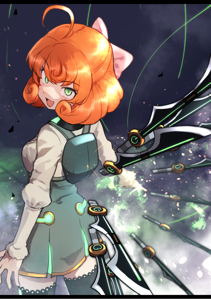 1girl :d ahoge black_legwear bow commentary curly_hair eyebrows_visible_through_hair freckles from_behind gazacy_(dai) green_eyes hair_bow high-waist_skirt highres juliet_sleeves letterboxed long_sleeves looking_at_viewer looking_back open_mouth orange_hair penny_polendina pink_bow power_symbol puffy_sleeves rwby shirt short_hair skirt smile solo sword thigh-highs v-shaped_eyebrows weapon white_shirt