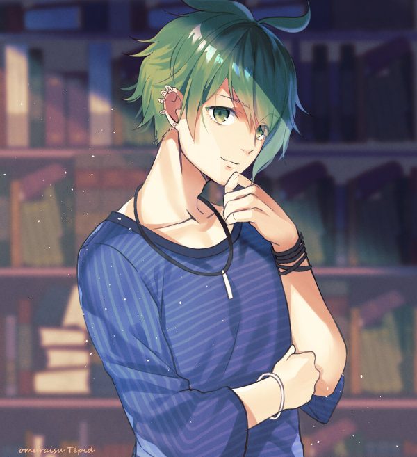 1boy amami_rantarou blue_shirt blurry blurry_background bookshelf bracelet collarbone dangan_ronpa dust_particles green_eyes green_hair hair_between_eyes jewelry looking_at_viewer male_focus necklace new_dangan_ronpa_v3 shiny shiny_hair shirt short_hair solo striped striped_shirt upper_body yuraiko