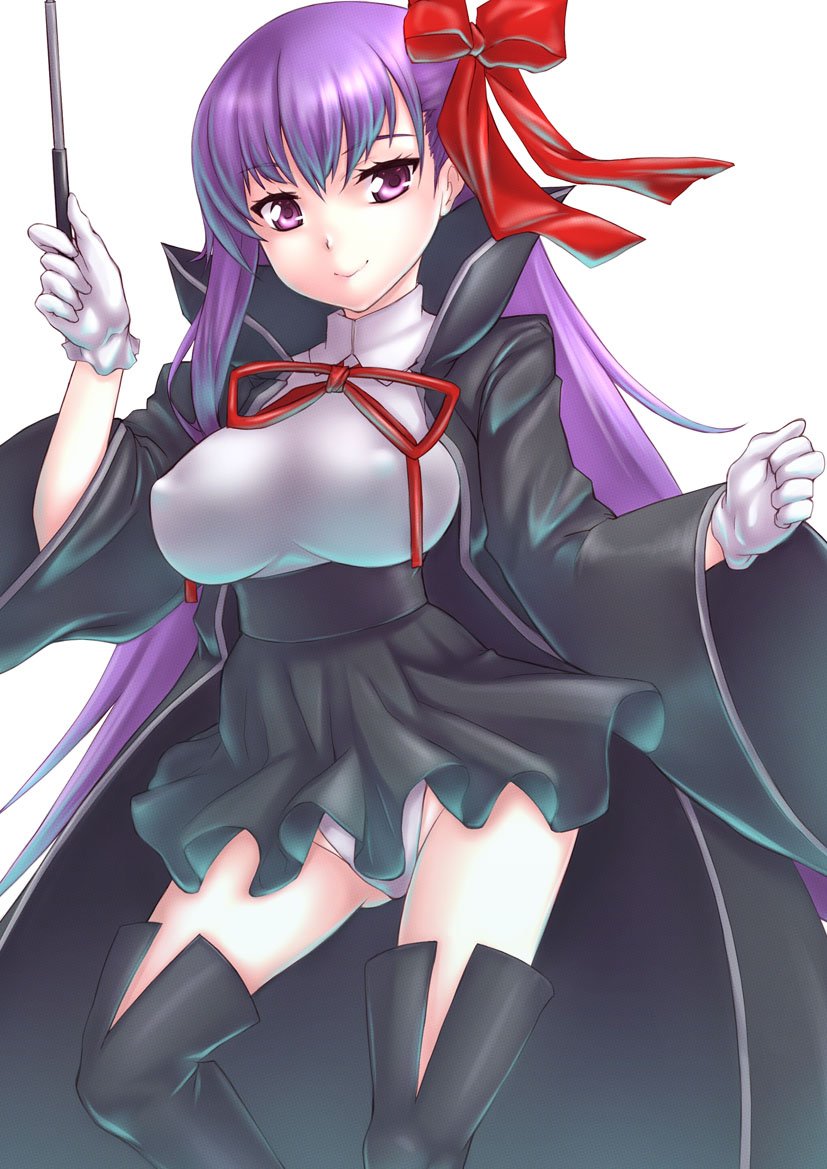 1girl bangs bb_(fate)_(all) bb_(fate/extra_ccc) black_coat black_footwear boots bow breasts clenched_hand closed_mouth commentary_request cowboy_shot dress_shirt erect_nipples eyebrows_visible_through_hair fate/extra fate/extra_ccc fate/grand_order fate_(series) gloves hair_bow high-waist_skirt high_collar holding holding_wand impossible_clothes impossible_shirt large_breasts long_hair long_sleeves looking_at_viewer microskirt neck_ribbon panties purple_hair red_bow red_neckwear ribbon ruffled_skirt shiromitsu_suzaku shirt simple_background sitting skirt smile solo standing thigh-highs thigh_boots trench_coat underwear violet_eyes wand wariza white_background white_gloves white_panties white_shirt wide_sleeves