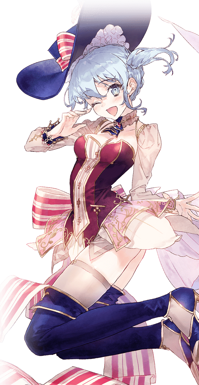 1girl ;d atelier_(series) back_bow blue_hat blue_legwear bow choker detached_sleeves grey_eyes hat hat_bow highres looking_at_viewer nelke_to_densetsu_no_renkinjutsushi_tachi nelke_von_luchetam noco_(adamas) official_art one_eye_closed open_mouth short_hair side_ponytail silver_hair skirt smile solo striped striped_bow thigh-highs white_skirt white_sleeves zettai_ryouiki