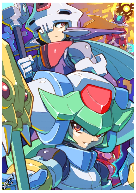 1girl 2boys android artist_name blonde_hair border dated gloves green_hair helmet holding holding_weapon long_hair model_a model_zx pandora_(rockman) power_armor prometheus red_eyes rockman rockman_zx rockman_zx_advent signature smile staff tomycase weapon white_border