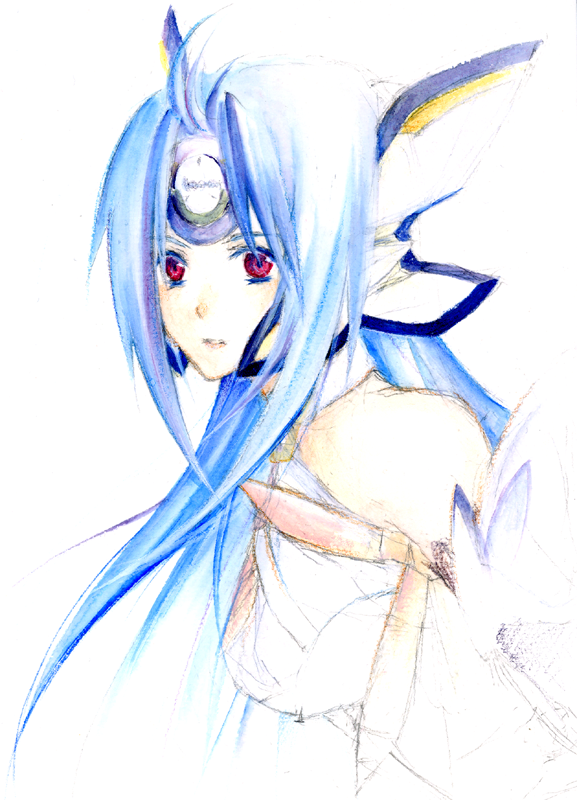 1girl android blue_hair commentary_request cyborg forehead_protector kanko_(8262) kos-mos long_hair looking_at_viewer red_eyes solo white_background xenosaga