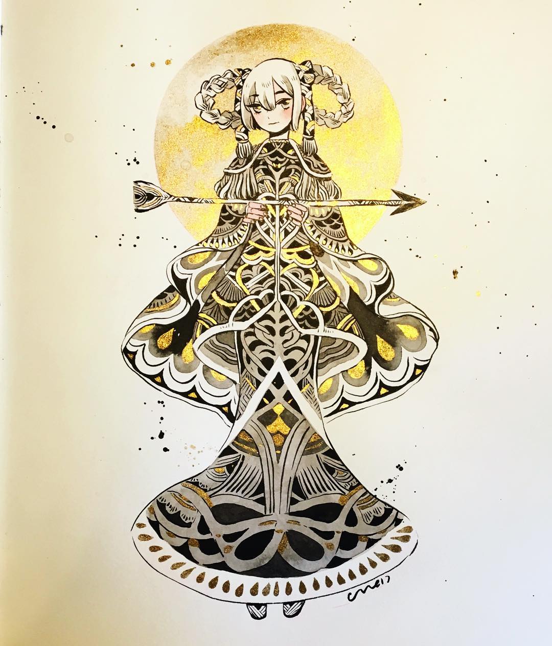 1girl arrow blush braid dress eyebrows_visible_through_hair full_body gold grey_eyes hair_between_eyes hair_tubes highres holding_arrow inktober long_hair maruti_bitamin original photo solo standing traditional_media white_hair