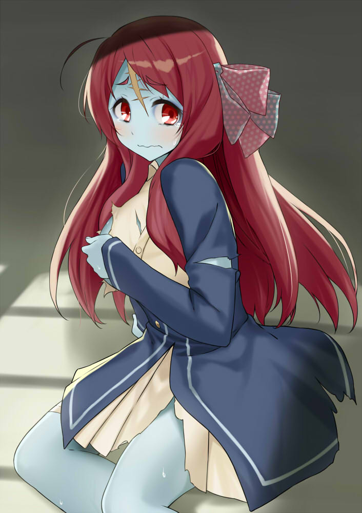 1girl ahoge bandage bandaged_leg bandages blue_skin blush bow cccpo commentary_request covering covering_one_breast crying crying_with_eyes_open forehead_scar hair_bow hair_ornament long_hair minamoto_sakura on_floor red_eyes redhead ribbon scar school_uniform sitting tears torn_clothes zombie zombieland_saga