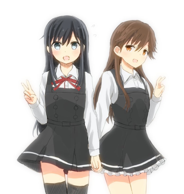 arashio_(kantai_collection) asashio_(kantai_collection) belt black_hair black_legwear blue_eyes brown_eyes brown_hair buttons commission dress flying_sweatdrops frilled_dress frills hand_holding kantai_collection long_hair long_sleeves neck_ribbon pinafore_dress pleated_skirt red_ribbon remodel_(kantai_collection) ribbon school_uniform shirt simple_background skirt thigh-highs usagikoya white_background white_shirt