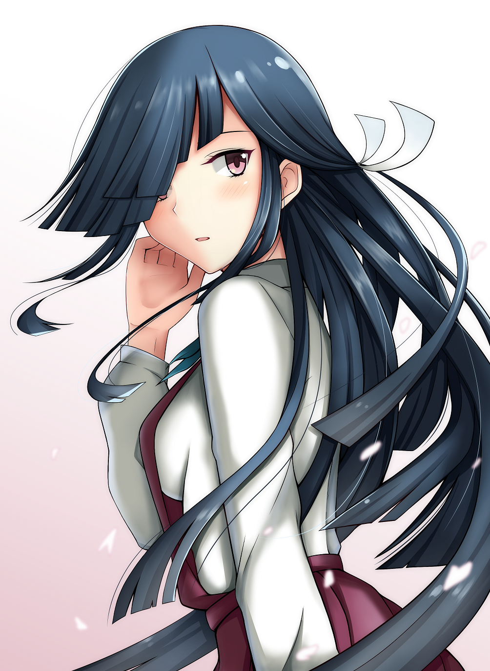 1girl arm_at_side bangs black_hair blunt_ends blush breasts commentary_request dial16yoi dress from_side gradient gradient_background hair_over_one_eye hair_ribbon hand_up hayashimo_(kantai_collection) highres kantai_collection long_hair long_sleeves looking_at_viewer looking_back looking_to_the_side medium_breasts parted_lips petals pink_background pink_eyes pleated_dress purple_dress ribbon school_uniform shirt simple_background solo very_long_hair white_ribbon white_shirt