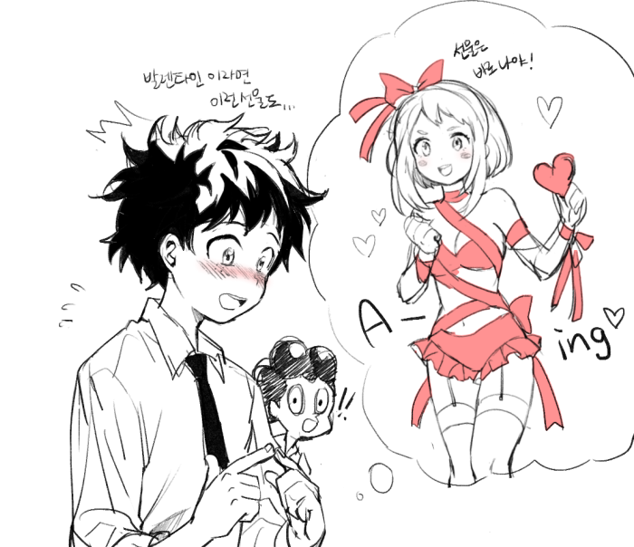 !! 1girl 2boys blush_stickers boku_no_hero_academia breasts cleavage dohae_(goodtiminganima) embarrassed freckles imagining korean medium_breasts messy_hair midoriya_izuku mineta_minoru monochrome multiple_boys naked_ribbon necktie open_mouth pink_ribbon ribbon short_hair smile spot_color standing thought_bubble translation_request uraraka_ochako