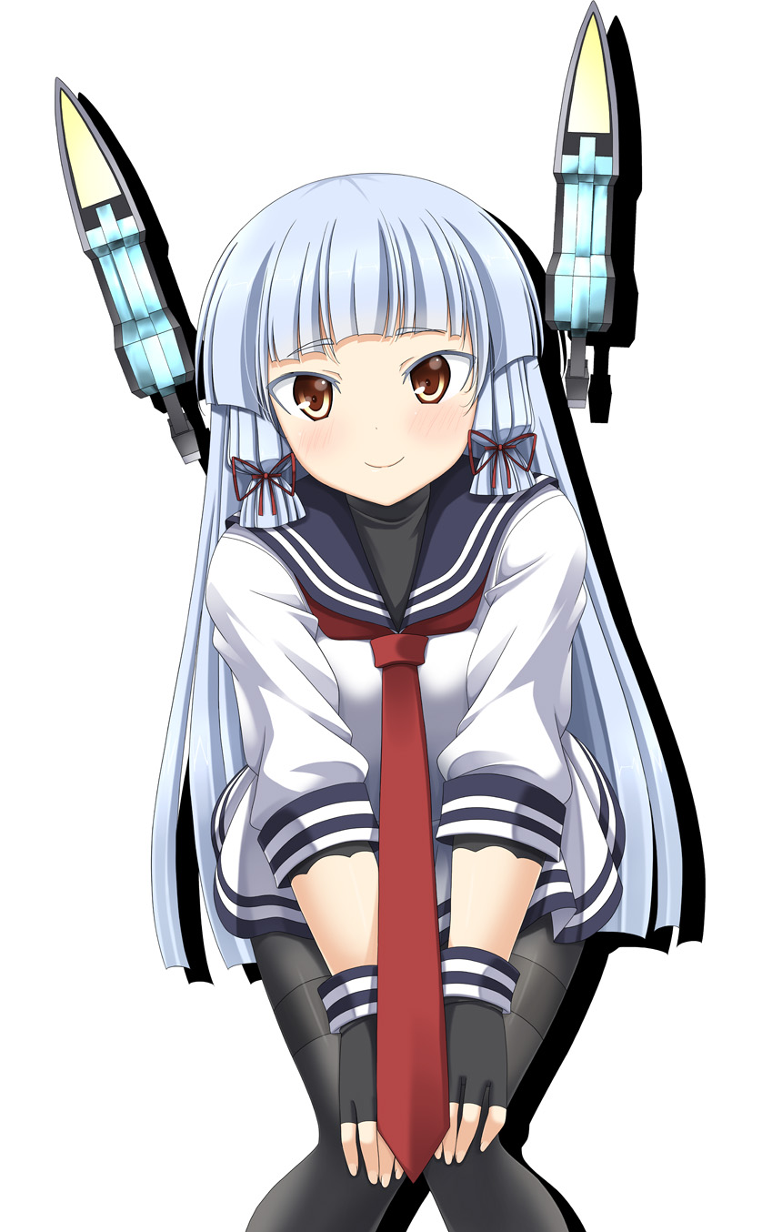 1girl bangs blue_hair blunt_bangs commentary dress hair_tie hands_on_own_knees headgear highres kantai_collection knees_together_feet_apart leaning_forward long_hair long_sleeves looking_at_viewer murakumo_(kantai_collection) necktie pantyhose rappa_(rappaya) red_eyes sailor_dress shadow sidelocks smile solo white_background