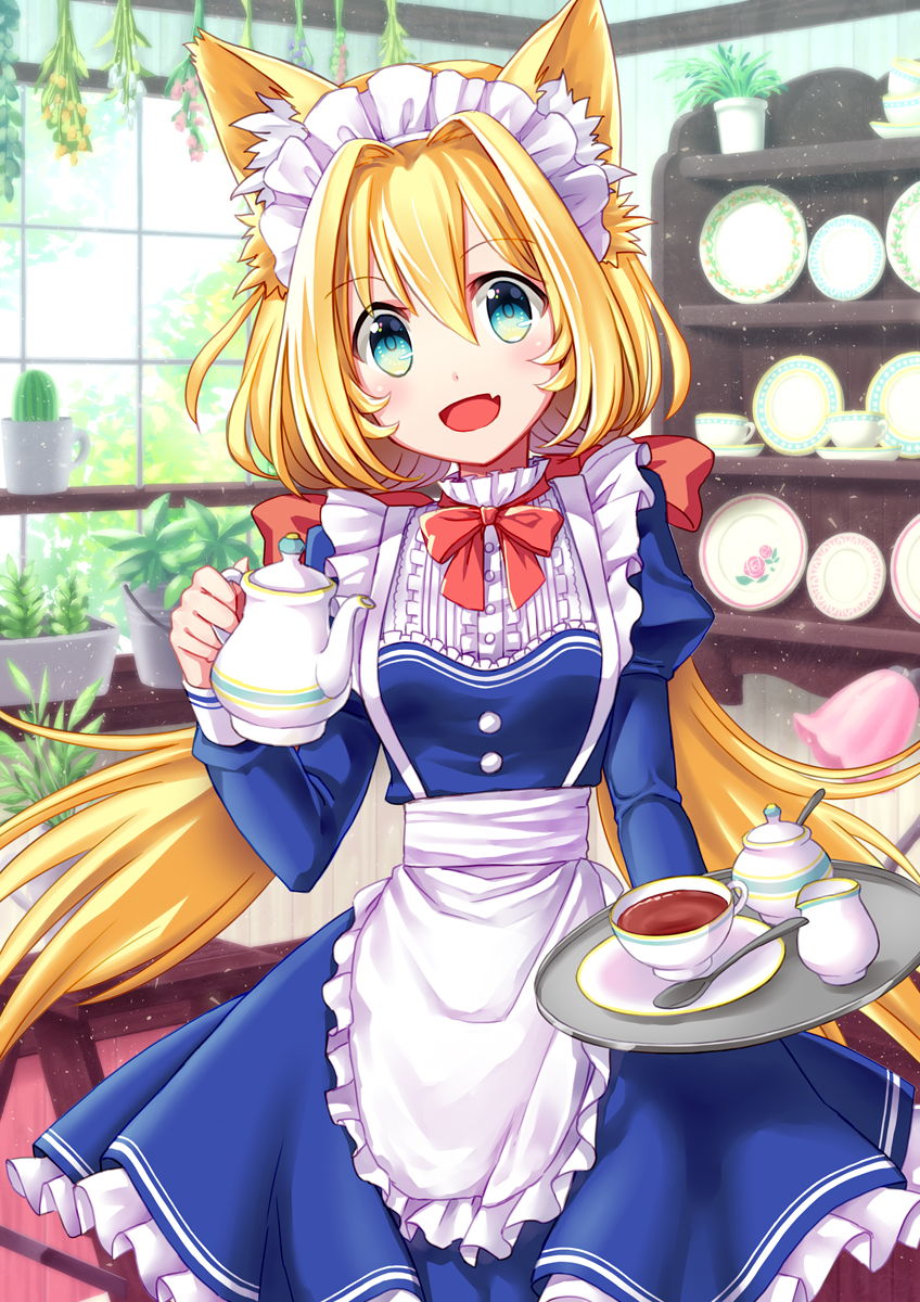 1girl :d animal_ears apron aqua_eyes back_bow bangs blonde_hair blue_dress blush bow bowtie cactus cat_ears center_frills coconat_summer commentary_request creamer_(vessel) cup dress eyebrows_visible_through_hair fang frilled_shirt_collar frills hair_between_eyes highres holding holding_tray long_hair looking_at_viewer open_mouth original plant plate potted_plant red_neckwear shelf smile solo spoon sugar_bowl teacup teapot tray twintails waist_apron white_apron window