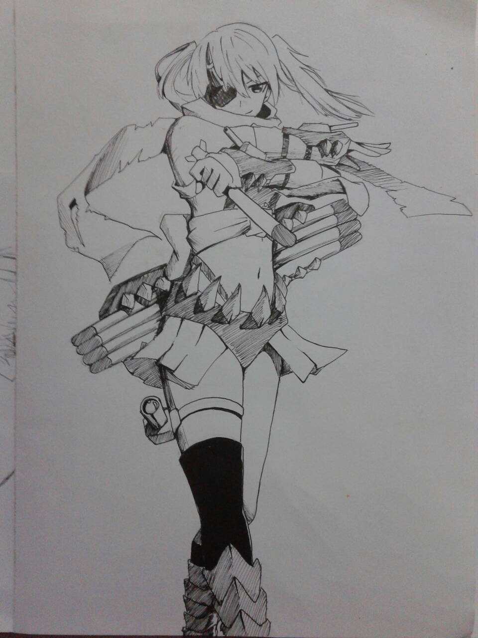 alternate_costume dark_persona fangs fingerless_gloves gloves greyscale hazardvirus highres holding holding_weapon horn kantai_collection looking_at_viewer mask monochrome scarf sendai_(kantai_collection) sketch skirt smile swimwear torn_scarf torpedo turret two_side_up weapon