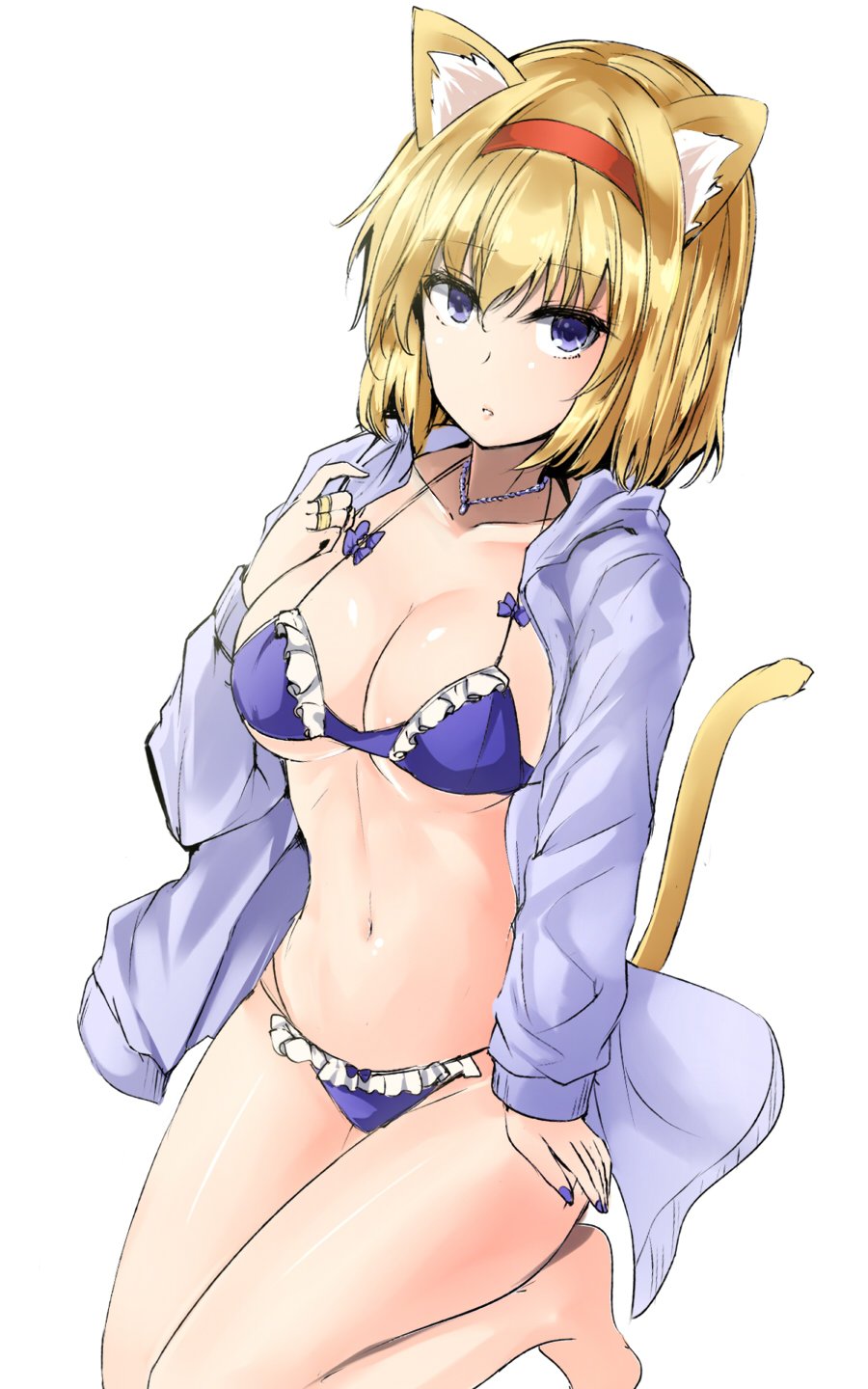 1girl alice_margatroid animal_ear_fluff animal_ears bangs barefoot bikini blonde_hair blue_bikini blue_bow blue_eyes blue_jacket blue_nails bow bow_bikini breasts cat_ears cat_tail cleavage collarbone commentary_request eyebrows_visible_through_hair feet_out_of_frame frilled_bikini frills hair_between_eyes halterneck hand_up highres hood hooded_jacket jacket jewelry kemonomimi_mode kneeling large_breasts long_sleeves looking_at_viewer nail_polish navel necklace open_clothes open_jacket parted_lips puppet_rings ring seiza shiny shiny_skin short_hair simple_background sitting solo stomach swimsuit tail thighs touhou white_background y2