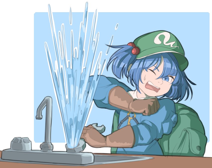 1girl backpack bag blue_background blue_eyes blue_hair blue_shirt blue_skirt brown_gloves collared_shirt faucet flat_cap gloves green_hat hair_bobbles hair_ornament hat kawashiro_nitori key leaking long_sleeves mefomefo pocket rubber_gloves shirt short_hair sink skirt skirt_set touhou twintails water wrench