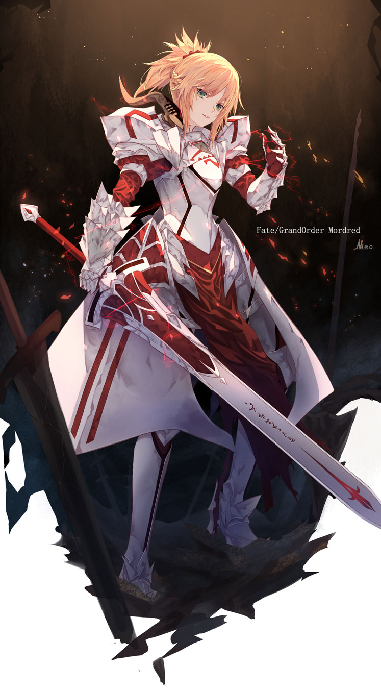 1girl armor armored_dress bangs blonde_hair eyebrows_visible_through_hair fate/apocrypha fate/grand_order fate_(series) full_body green_eyes hair_between_eyes highres huge_weapon looking_at_viewer meo_(1271884559) mordred_(fate) mordred_(fate)_(all) solo standing weapon