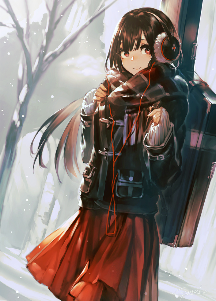 1girl artist_name bangs black_hair building cable commentary_request cowboy_shot day dutch_angle earmuffs enpera garuku headphones instrument_case jacket long_hair long_sleeves looking_at_viewer mole mole_under_eye original outdoors red_eyes red_skirt scarf signature skirt smile snow snowing solo standing tree winter winter_clothes