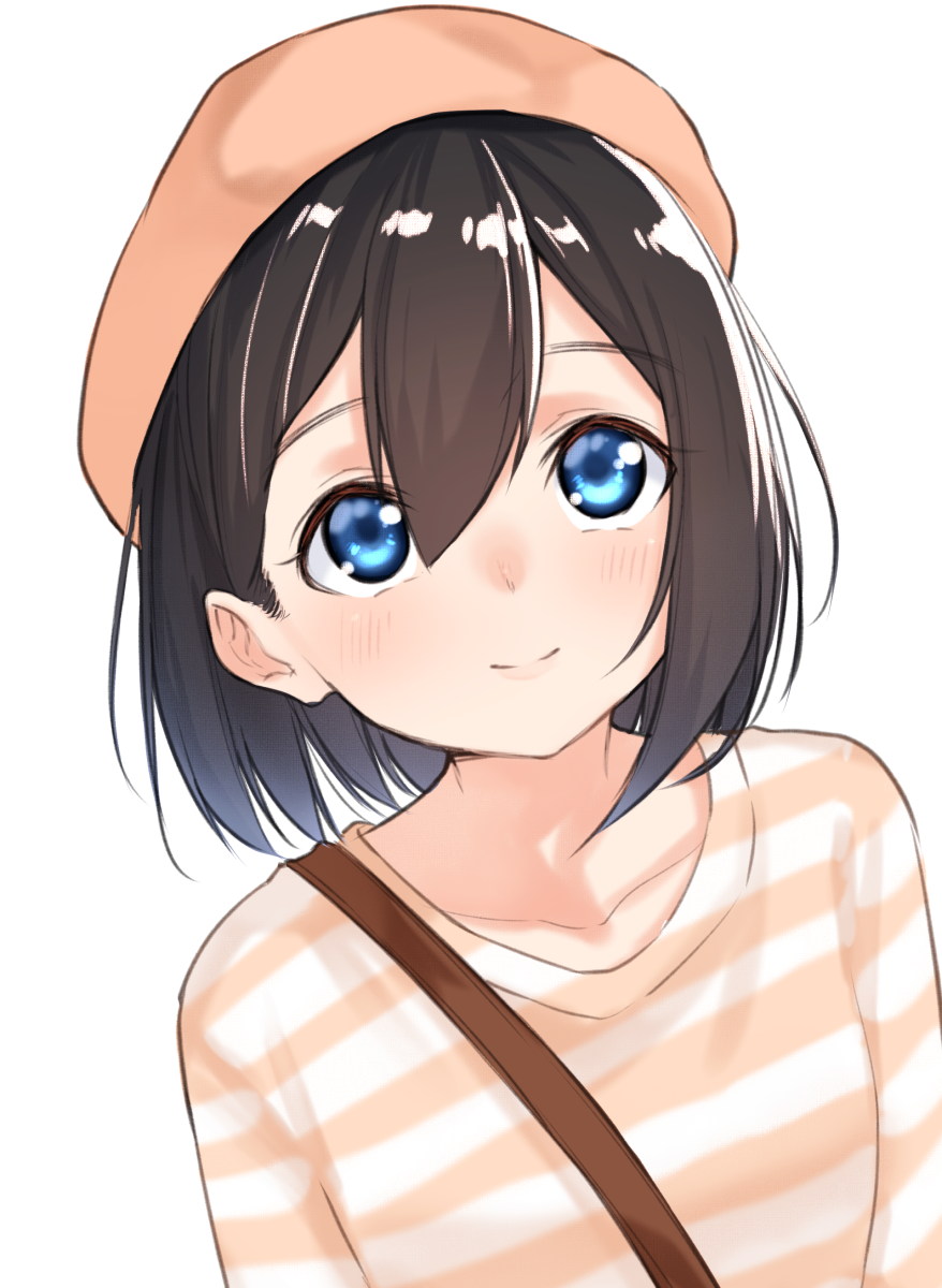 1girl bangs beige_hat beret black_hair blue_eyes blush closed_mouth collarbone commentary_request dutch_angle eyebrows_visible_through_hair hair_between_eyes hat highres original shirt simple_background smile solo striped striped_shirt suzunari_shizuku upper_body white_background yuki_arare