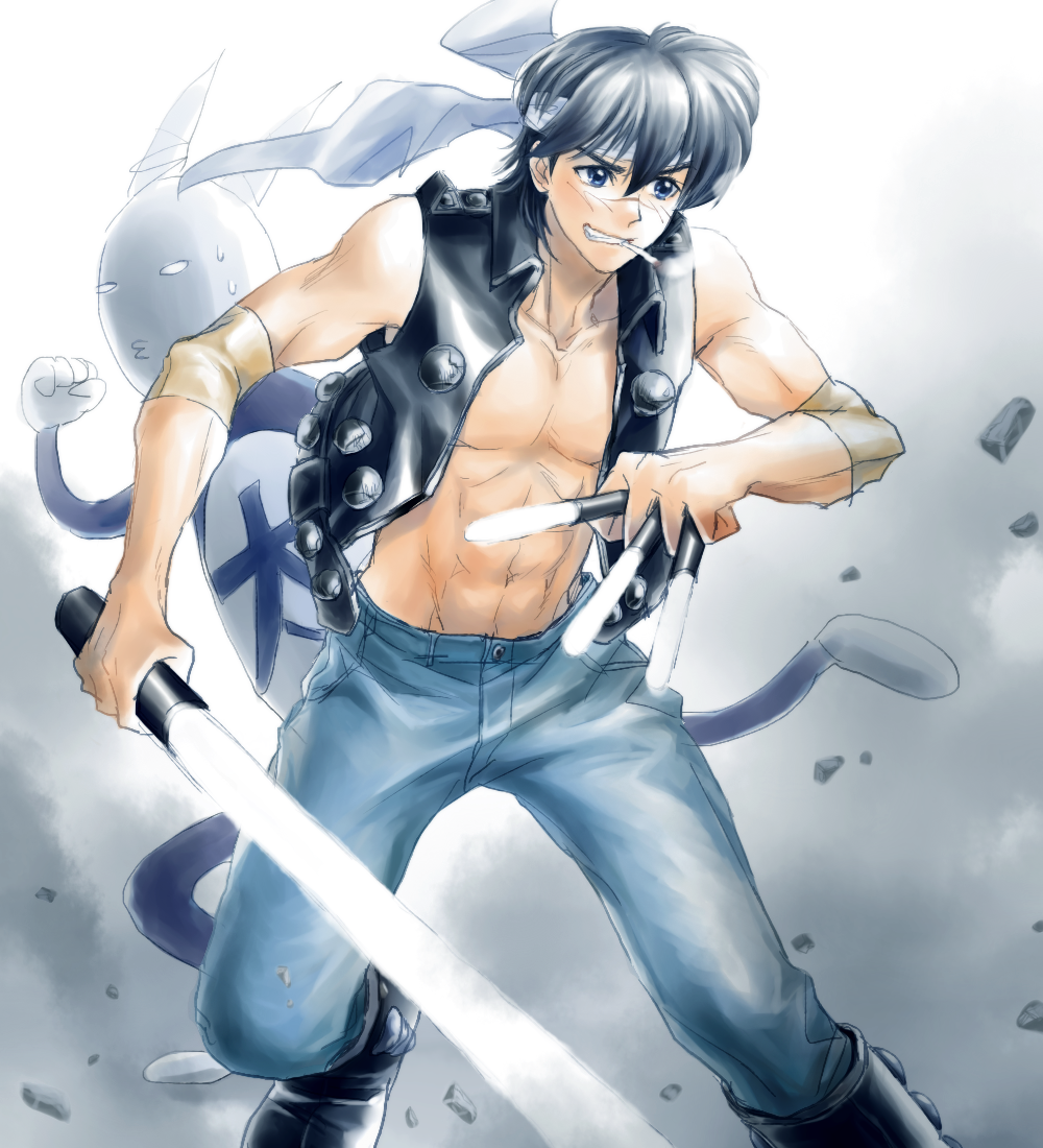 1boy abs bangs black_hair blue_eyes cigarette denim energy_sword headband holding holding_weapon houshin_engi jacket kou_tenka leather leather_jacket lightsaber male_focus sleeveless sleeveless_jacket smile smoke smoking solo suji sword teeth weapon