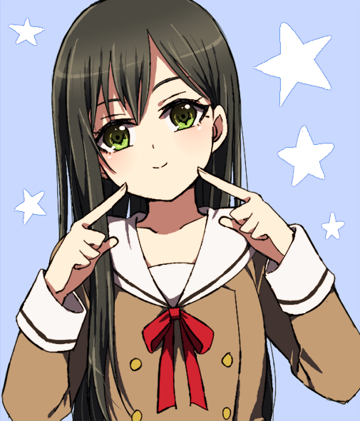 1girl akasata bang_dream! bangs black_hair blue_background collarbone double-breasted green_eyes hanasakigawa_school_uniform hanazono_tae long_hair long_sleeves looking_at_viewer neck_ribbon pointing pointing_at_self red_neckwear ribbon sailor_collar school_uniform smile solo star upper_body white_sailor_collar