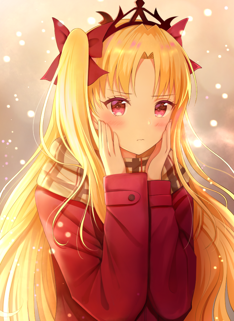 1girl 3: backlighting bangs blonde_hair blush bow brown_scarf closed_mouth coat colored_eyelashes commentary ereshkigal_(fate/grand_order) eyebrows_visible_through_hair fate/grand_order fate_(series) hair_bow hands_on_own_cheeks hands_on_own_face hands_up long_hair long_sleeves nasii parted_bangs plaid plaid_scarf red_bow red_coat red_eyes scarf shiny shiny_hair solo straight_hair tohsaka_rin two_side_up upper_body v-shaped_eyebrows very_long_hair