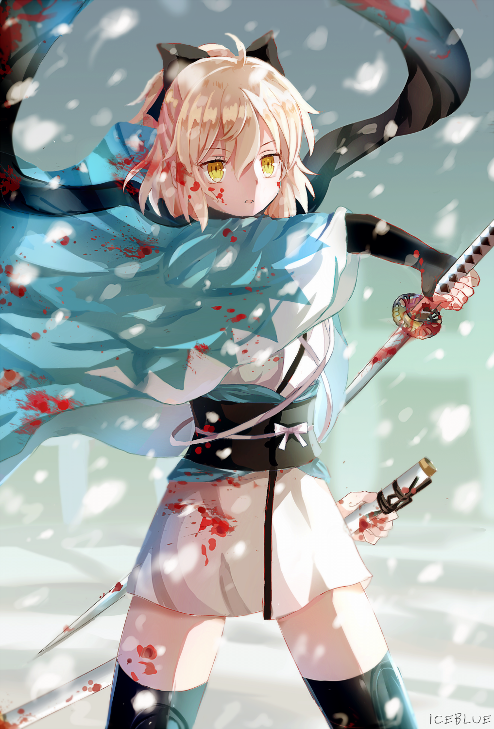 1girl artist_name black_bow black_legwear blonde_hair blood blood_on_face bloody_clothes bow cowboy_shot fate/grand_order fate_(series) hair_between_eyes hair_bow haori highres holding holding_sheath holding_sword holding_weapon iceblue japanese_clothes kimono okita_souji_(fate) okita_souji_(fate)_(all) parted_lips sheath short_hair short_kimono short_ponytail snowing solo standing sword thigh-highs weapon white_kimono yellow_eyes zettai_ryouiki