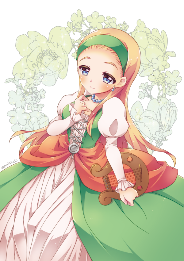 1girl blonde_hair blue_eyes blush breasts closed_mouth dragon_quest dragon_quest_xi dress earrings flower green_hairband hair_slicked_back hairband hand_up holding holding_instrument instrument jewelry juliet_sleeves kichijou_agata long_hair long_sleeves lyre medium_breasts necklace puffy_sleeves senya_(dq11) smile solo straight_hair twitter_username white_background