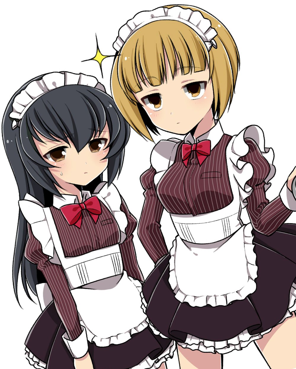 :| alternate_costume apron bangs black_hair black_skirt blonde_hair blunt_bangs bow bowtie brown_eyes closed_mouth collared_shirt commentary cowboy_shot cutlass_(girls_und_panzer) dutch_angle enmaided expressionless eyebrows_visible_through_hair frilled_apron frills frown girls_und_panzer hairband half-closed_eyes highres juliet_sleeves long_hair long_sleeves looking_at_viewer maid maid_apron maid_headdress miniskirt petticoat pleated_skirt puffy_sleeves red_neckwear reizei_mako ruruepa shirt short_hair simple_background skirt sparkle standing striped striped_shirt sweatdrop vertical-striped_shirt vertical_stripes white_apron white_background white_hairband yellow_eyes