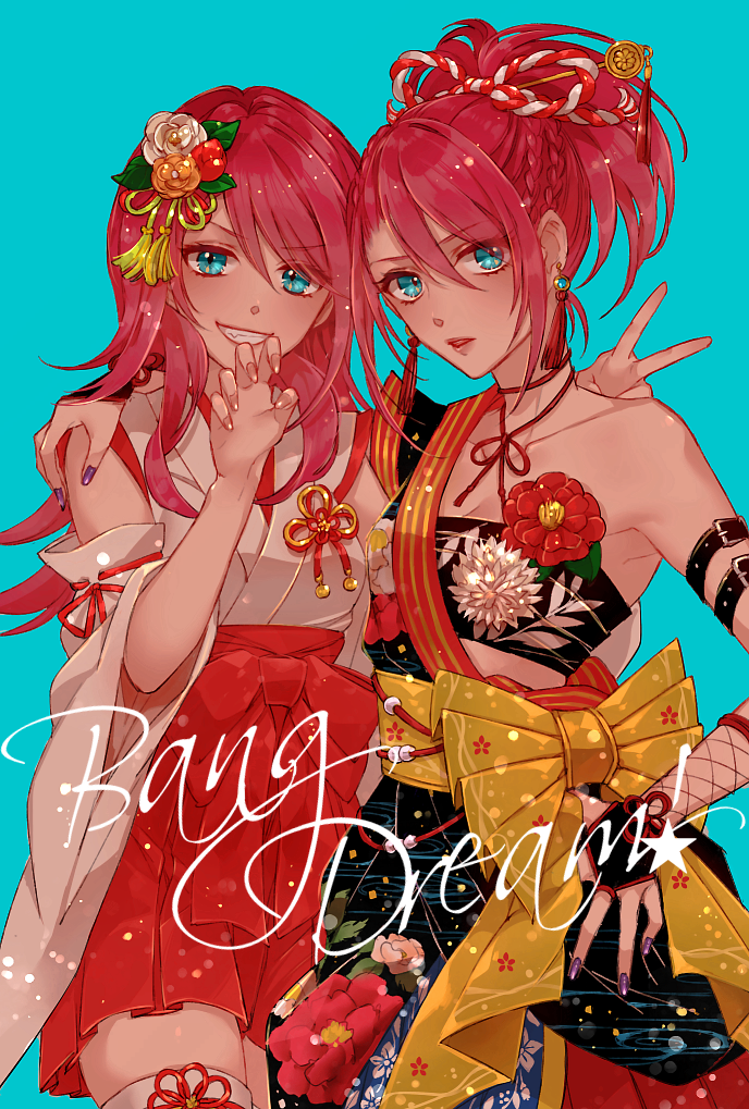 2girls alternate_hairstyle arm_around_shoulder arm_belt bang_dream! blue_background bow braid bridal_gauntlets chino_machiko choker claw_pose collarbone copyright_name corsage detached_sleeves dual_persona earrings eyebrows_visible_through_hair floral_print flower grin hair_flower hair_ornament hair_stick hair_up hakama hand_on_hip japanese_clothes jewelry kimono kouhaku_nawa long_hair looking_at_viewer miko multiple_girls nail_polish obi orange_hair parted_lips ponytail purple_nails red_flower red_hakama redhead ribbon-trimmed_sleeves ribbon_trim sash simple_background single_bare_shoulder smile tassel tassel_earrings thigh-highs udagawa_tomoe v v-shaped_eyebrows white_flower yellow_bow