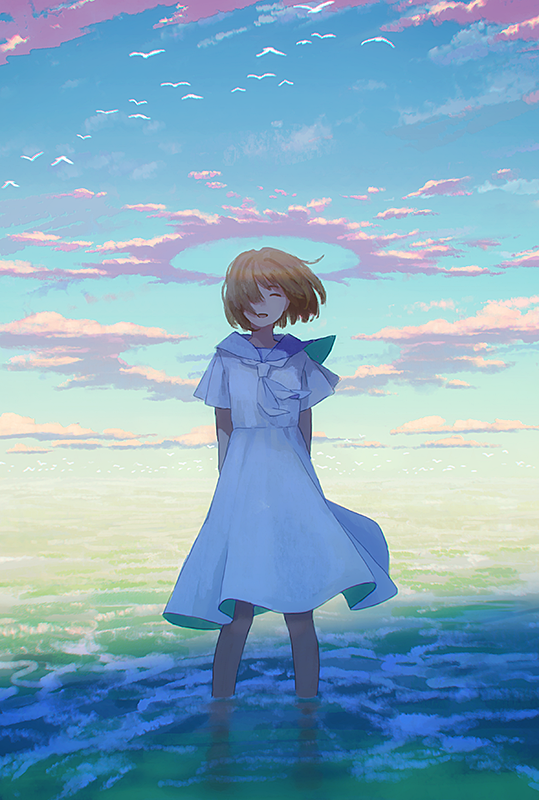 1girl :d ^_^ arms_behind_back bare_legs bird blue_sailor_collar blue_sky brown_hair closed_eyes closed_eyes clouds commentary_request day dress facing_viewer fake_halo fake_wings hair_over_one_eye hiko_(scape) horizon neckerchief ocean open_mouth original outdoors sailor_collar sailor_dress short_hair short_sleeves sky smile solo sunlight wading water white_dress white_neckwear wings