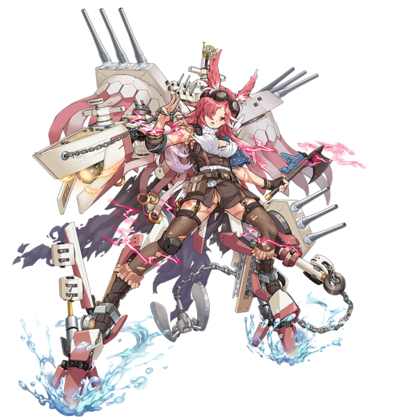 aircraft aircraft_catapult airplane anchor banner boots cannon cape chains elbow_sleeve goggles goggles_on_head head_wings holding holding_chain holding_weapon knee_pads mecha_musume north_carolina_(zhan_jian_shao_nyu) pantyhose radar_dish range_finder red_eyes redhead tagme tomahawk torn_cape torn_clothes torn_pantyhose turret weapon white_hair zhan_jian_shao_nyu