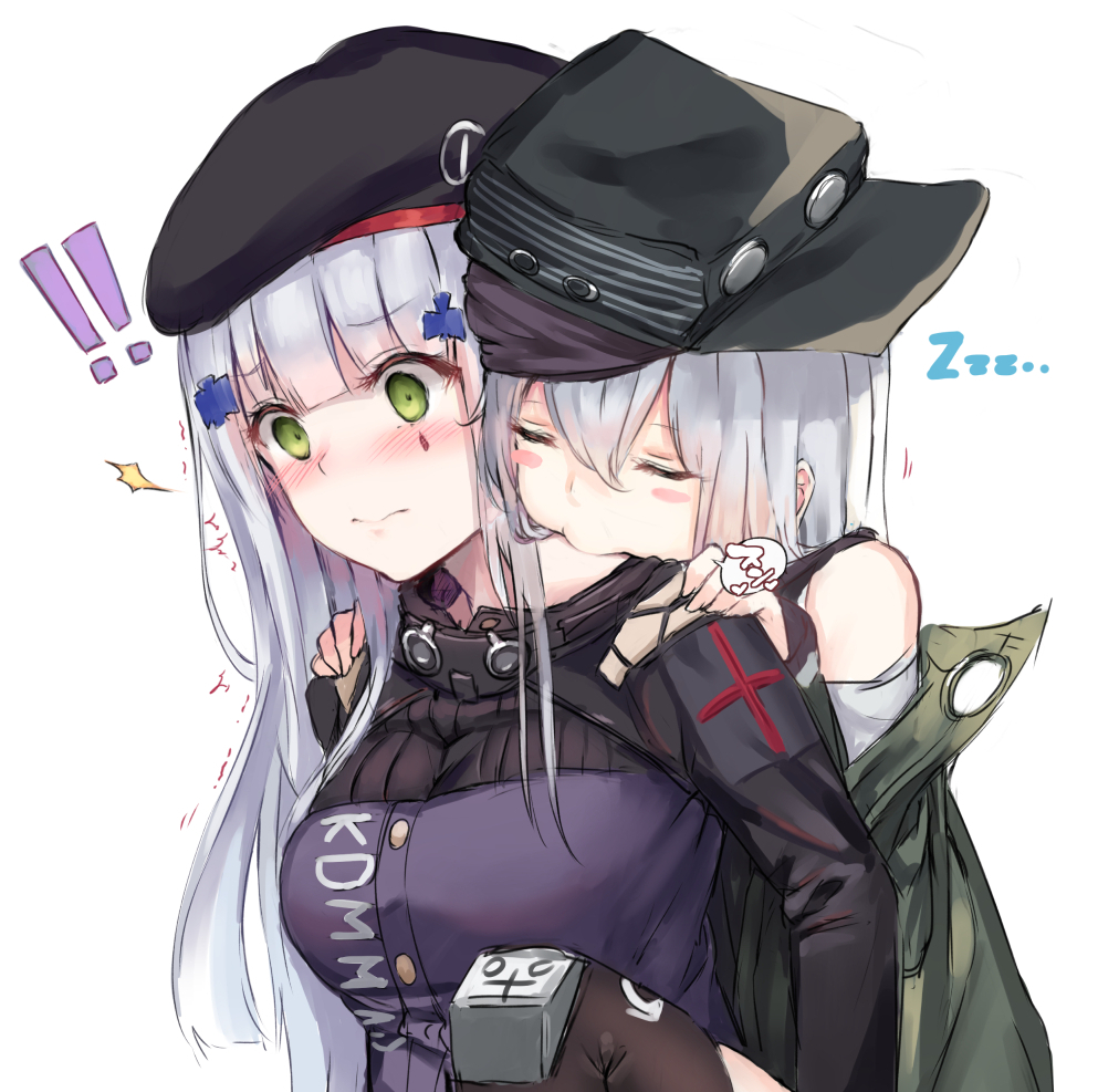 !! /\/\/\ bangs bare_shoulders beret black_hat black_legwear blunt_bangs blush blush_stickers breasts carrying closed_eyes closed_mouth clothes_writing empty_eyes eyebrows_visible_through_hair facial_mark g11_(girls_frontline) girls_frontline goggles goggles_around_neck green_eyes grey_hair hair_between_eyes hair_ornament hat heart hk416_(girls_frontline) long_hair looking_down medium_breasts military military_uniform motion_lines off_shoulder piggyback sideways_hat simple_background sleeping speech_bubble spoken_heart surprised tama_satou thigh-highs uniform upper_body white_background zzz